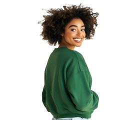 Smiling woman with afro hair in a green sweatshirt, exuding confidence and style, showcasing fashion trends, cutout, isolated on white backgroundv