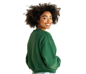 Smiling woman with afro hair in a green sweatshirt, exuding confidence and style, showcasing fashion trends, cutout, isolated on white backgroundv