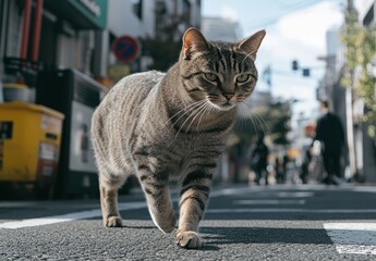 Striped domestic cat confidently walks on city street during daylight, exploring urban surroundings with curiosity and grace, capturing a moment of urban life