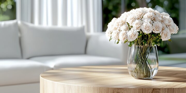 Elegant white roses in vase on wooden table in sunlit modern living room