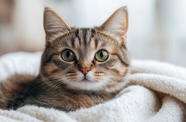 Obraz premium Stunning Close-up of a Playful Domestic Cat with Striking Green Eyes Relaxing on a Soft Blanket in a Sunlit Room