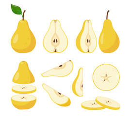 Fresh yellow pear fruits icons. Whole and cut pears, pieces and slices. Organic fruits for juice, smoothie or vitamin C healthy food. Vector illustration isolated on white background.