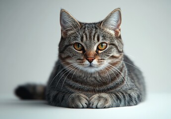 Obraz premium Stunning Close-Up of a Tabby Cat with Striking Green Eyes, Relaxed Pose, Soft Fur, and Intriguing Expression against a Minimalist Background