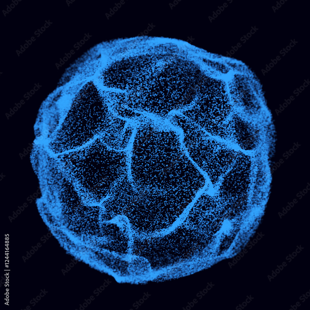 Poster abstract sound sphere in the shape of ball. mesh wavy structure with flying blue debris. modern futu