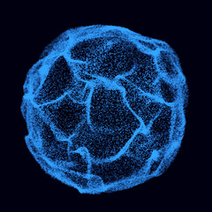 Abstract sound sphere in the shape of ball. Mesh wavy structure with flying blue debris. Modern futuristic backdrop. 3d rendering.