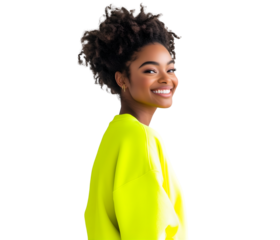 Smiling young woman with afro hair in a neon yellow sweatshirt, a portrait showcasing confidence, beauty, and individuality with a modern vibe, cutout, isolated on white background