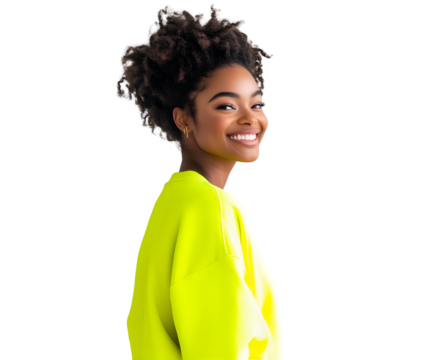 Smiling young woman with afro hair in a neon yellow sweatshirt, a portrait showcasing confidence, beauty, and individuality with a modern vibe, cutout, isolated on white background