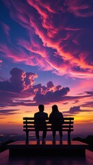 Obraz premium Two silhouettes sit on a bench, facing the horizon. They enjoy the view with their backs to the camera. 
