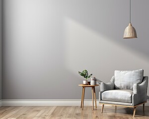 Gray living room with armchair, side table, hanging lamp, and empty wall. Modern and minimalist style.