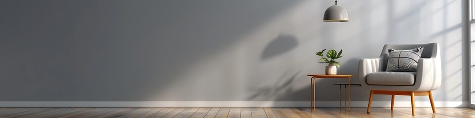 Gray living room featuring minimalist armchair, side table, hanging lamp, and empty wall background. Ideal for presentations.
