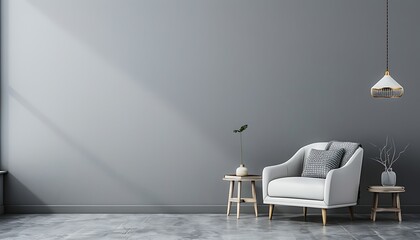 Gray living room with armchair, side table, hanging lamp, and blank wall. Modern and minimalist design.