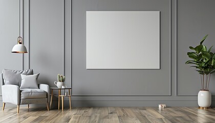 Gray living room with armchair, side table, hanging lamp, and blank wall. Modern and elegant.