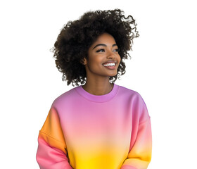 Smiling black woman with a colorful ombre sweatshirt, radiating confidence and style with her afro hair, portrait of a beautiful woman with a vibrant and stylish look, cutout, isolated on white backgr