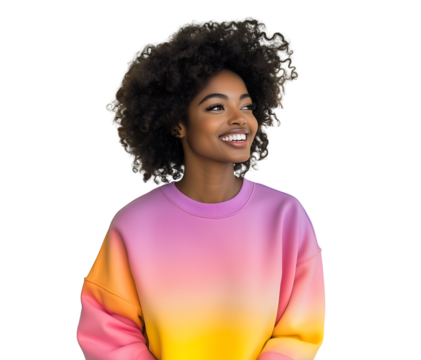 Smiling black woman with a colorful ombre sweatshirt, radiating confidence and style with her afro hair, portrait of a beautiful woman with a vibrant and stylish look, cutout, isolated on white backgr