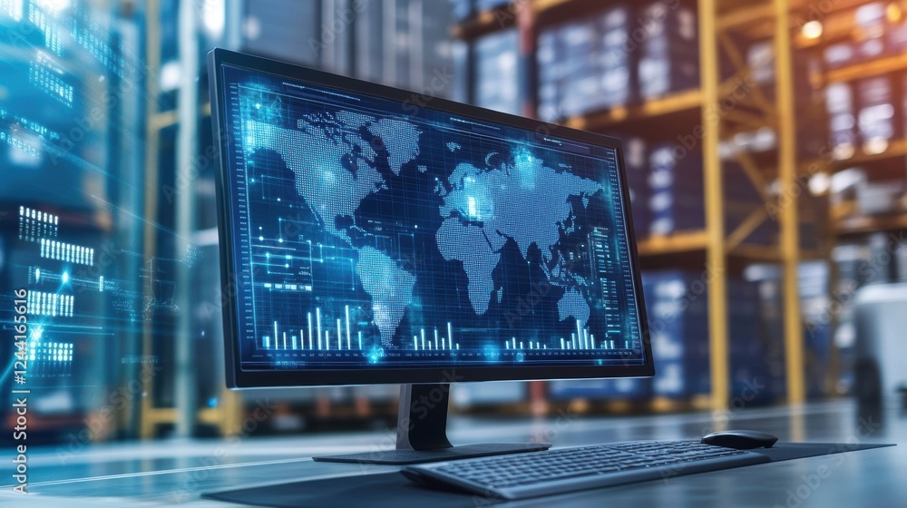 Poster futuristic software managing global logistics and distribution showing a world map with data and sta