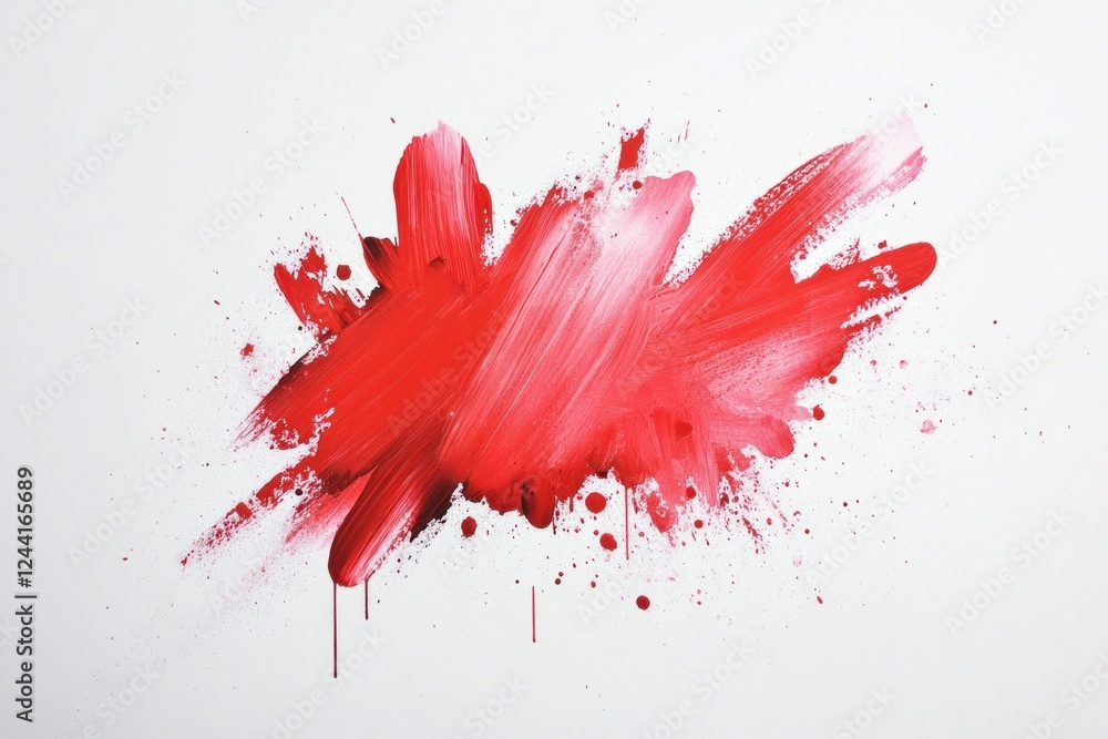 Poster vibrant red paint splashes across a clear white surface, showcasing dynamic brush strokes and lively