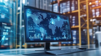 Naklejka premium Futuristic software managing global logistics and distribution showing a world map with data and statistics on a computer screen placed in a large warehouse