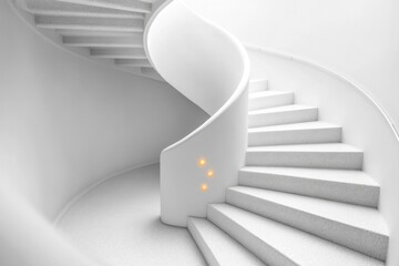 This interior features a stylish white spiral staircase with soft lighting, highlighting modern design and simplicity in a bright environment