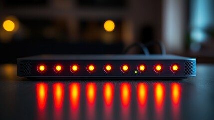 Red LED lights on device in dimly lit home