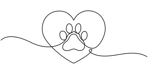 Pet Animal paw footprint in heart love concept, Dog and cat paw hearts drawn in one continuous line. Dog paw prints in a heart frame in a simple linear style. Concept of love for animals. Single line.