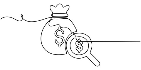 Money bag with magnifying glass continuous one line drawing, Magnifying Glass Halftone Line Icon with editable stroke, Magnifying glass with Dollar sign. Icon on colorful button. 