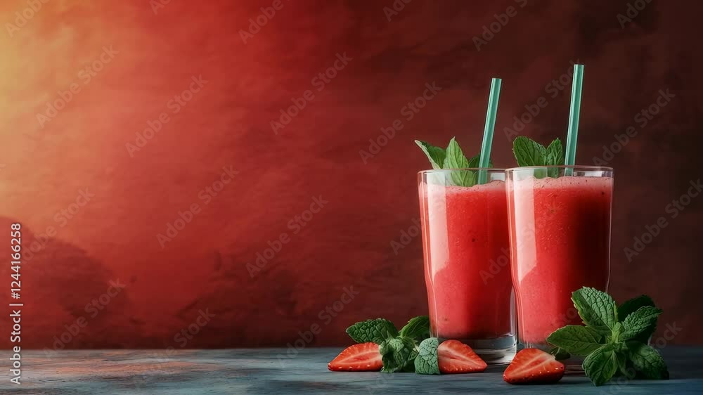 Poster two glasses of refreshing strawberry smoothie decorated with fresh mint and straws stand on a textur