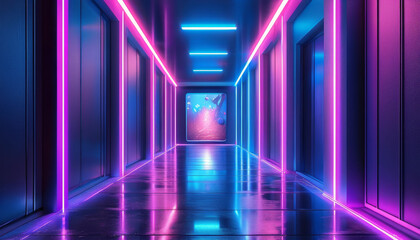 Fototapeta premium Abstract digital background of futuristic corridor with purple and blue neon lights, business background wallpaper design template