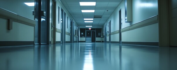 Obraz premium Empty hospital corridor at night; calm background; healthcare