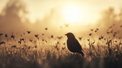 Sunrise bird silhouette in misty field; peaceful nature scene for calming backgrounds