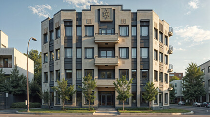 Art Deco apartment building.  Elegant urban architecture.  Modern residential design. Beige stone facade.