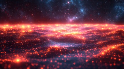 Obraz premium A cosmic landscape with glowing particles and a starry background.
