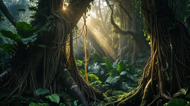 Sunbeams pierce the dense canopy of a lush rainforest, illuminating ancient trees with thick, exposed roots and vibrant green foliage. A mystical and serene atmosphere.