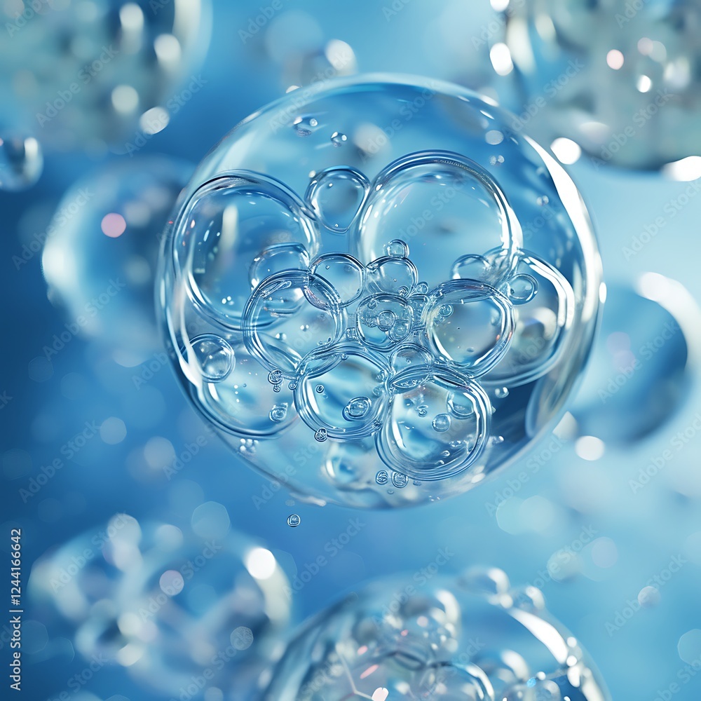 Poster close-up of transparent water bubbles, creating a fresh, clean, and airy abstract texture. macro vie