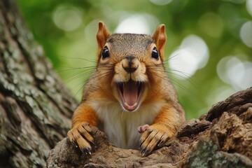A close-up of a squirrel showcasing joy and enthusiasm with its mouth widely open in a cheerful pose.