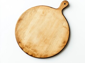 An empty wooden pizza board on a white background, top view, flat lay. The product is centered and has an organic shape 