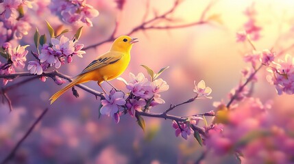 Yellow bird singing, spring blossoms, sunrise, nature, card