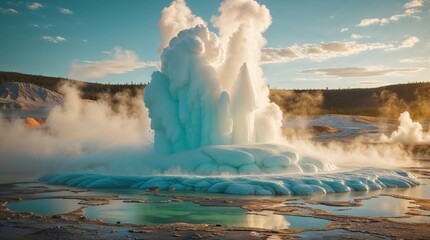 A mesmerizing geyser erupts, its icy blue waters contrasting with the warm sunset hues. The steam creates a magical atmosphere, a breathtaking spectacle of nature's power.