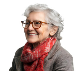 Smiling elderly woman with silver hair, wearing glasses and a red scarf, looking away with an optimistic expression, representing aging, wisdom, and mature beauty, cutout, isolated on white background