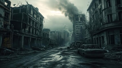 Naklejka premium A Burned City Street with No Life Apocalyptic Scene
