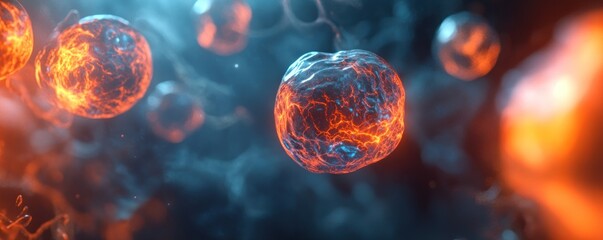 Naklejka premium Fiery orbs float in smoky space; abstract energy concept