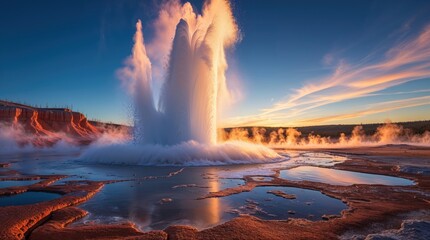 Majestic geyser erupting at sunset, casting a warm glow on the surrounding landscape. The powerful water column rises against a vibrant sky.