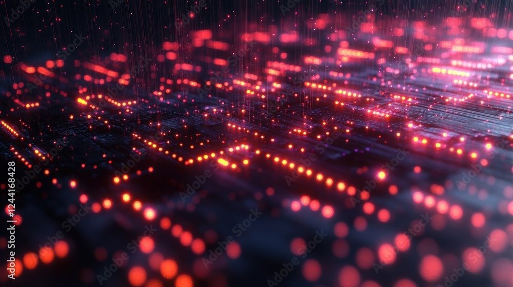 Poster abstract digital landscape with glowing circuits and flowing data streams.