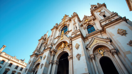 Fototapeta premium A majestic cathedral with intricate Gothic architectural elements under a clear blue sky.