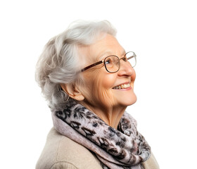 Smiling senior woman with glasses and scarf looking thoughtfully to the side, portrait of an elderly lady, conveying wisdom, contentment and graceful aging, cutout, isolated on white background