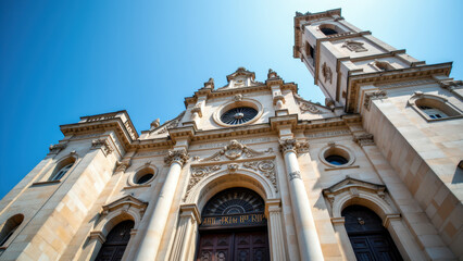Fototapeta premium An ornate church with a blue sky backdrop, featuring arches and decorative architectural elements.
