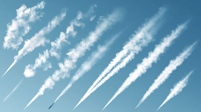 Rocket fire smoke trails, spacecraft startup launch or signal clouds. Space jet flames, airplane or shuttle contrail in sky, design elements isolated on transparent background, Realistic 3d vector set