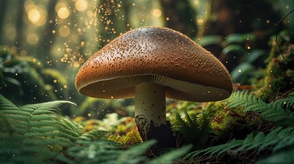 Fototapeta premium A large brown mushroom stands tall in a lush green forest, illuminated by magical golden light. The scene is enchanting and mystical.