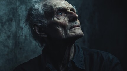 Obraz premium Elderly man looking up, dark studio, textured background, pensive portrait