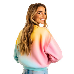 Woman in a vibrant ombre sweatshirt,  exuding a carefree and stylish aura, capturing the essence of modern fashion and individuality, cutout, isolated on white background