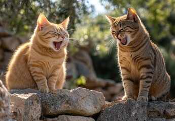 Two Adorable Cats Yawning in Natural Outdoor Setting Under Bright Sunlight with Soft Focus Background
